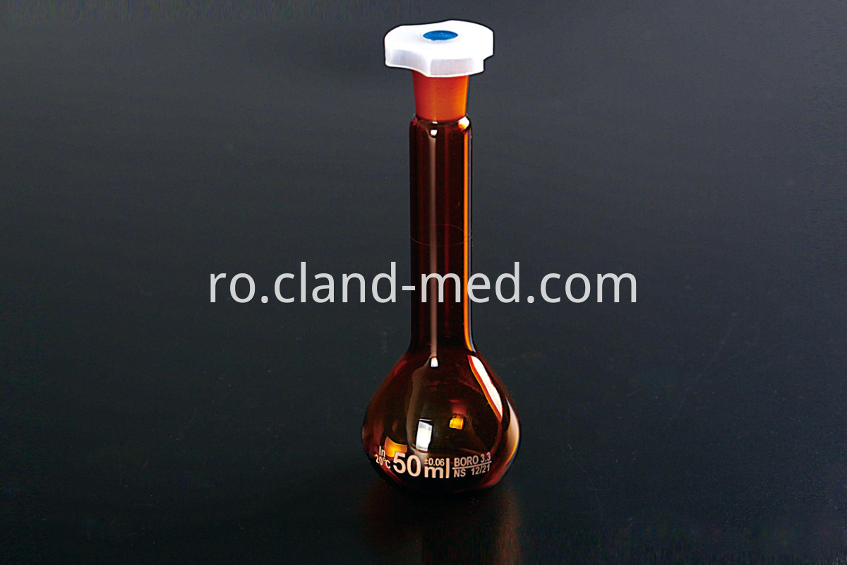 1622 Volumetric Flask with One Graduation Mark ,Amber Ground -in Glass Stopper OR Plastic Stopper